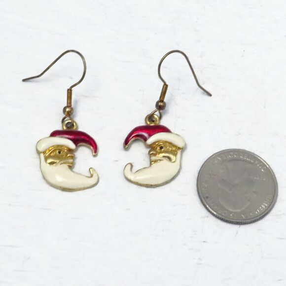 Santa Dangle Earrings With French Hooks and Gold Toned Background for Christmas - Picture 2 of 6